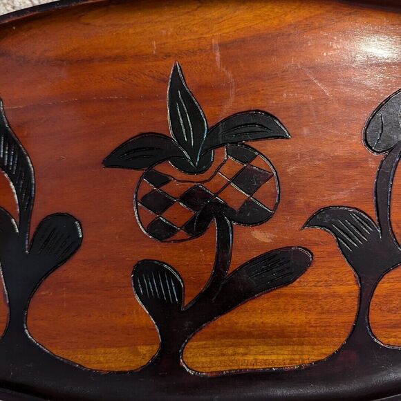 Vintage Hand-Carved Wooden Tray Floral Design Rustic Decorative Serving Plate - Picture 7 of 9